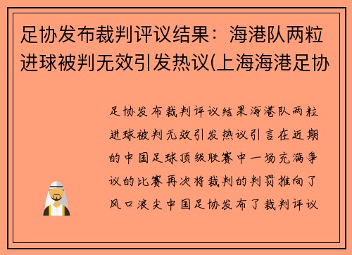 足协发布裁判评议结果：海港队两粒进球被判无效引发热议(上海海港足协杯首发)